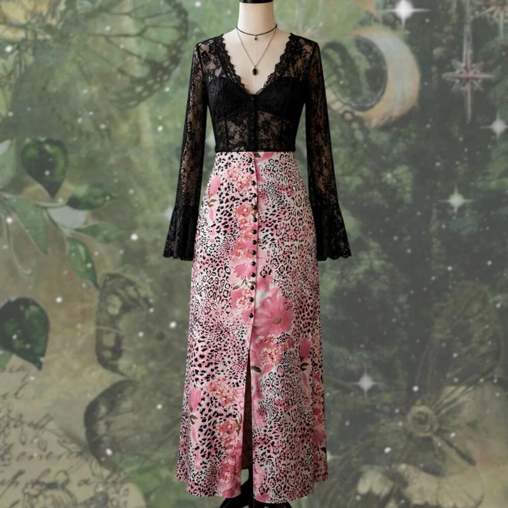 Pink Floral Leopard Slinky Maxi Skirt – 90s Y2K Button Front